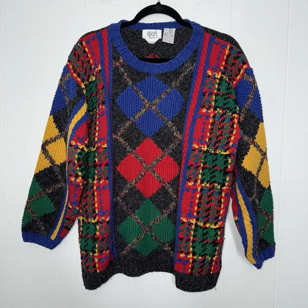 Eagle’s Eye Sport 1995 90s Vintage Men’s Hand Knit Argyle Geo Sweater Size Small